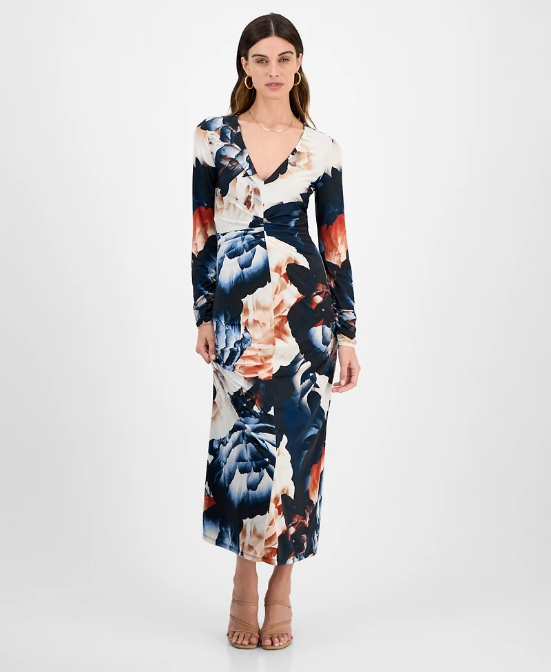 14th Place Juniors' Long-Sleeve Floral-Print Ruched-Front Dress