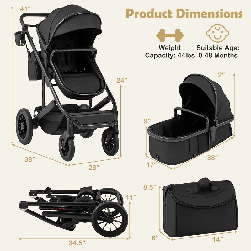 Slickblue Toddler 3-in-1 Folding Convertible Newborn Stroller with Detachable Bassinet