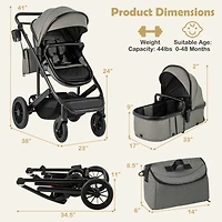 Slickblue Toddler 3-in-1 Folding Convertible Newborn Stroller with Detachable Bassinet