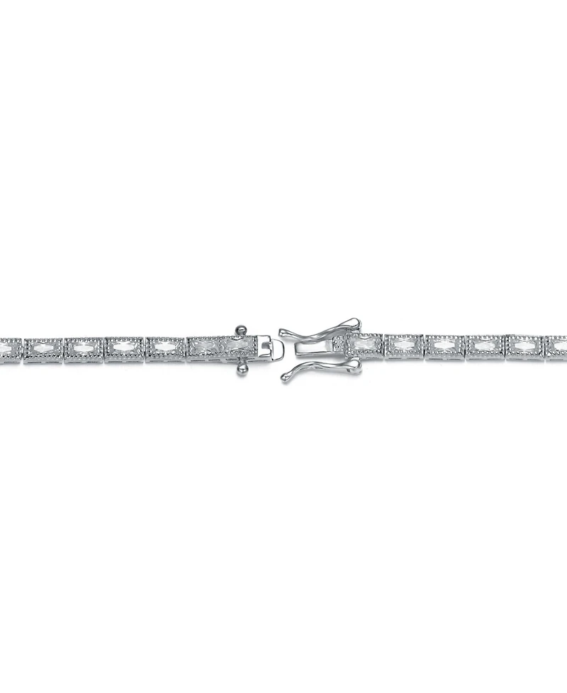 Sterling Silver White Gold Plating with Cubic Zirconia Vintage Milgrain Tennis Bracelet