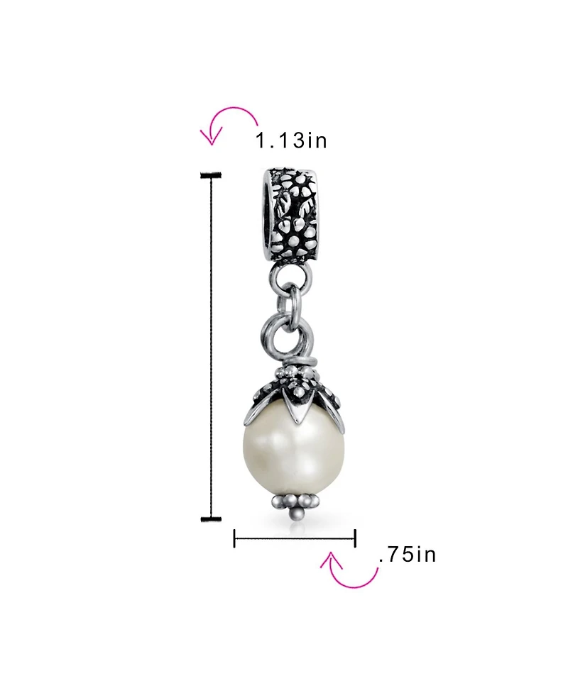 Bling Jewelry Leaf Cap White Simulated Pearl Dangle Charm Bead .925 Sterling Silver Fits European Bracelet