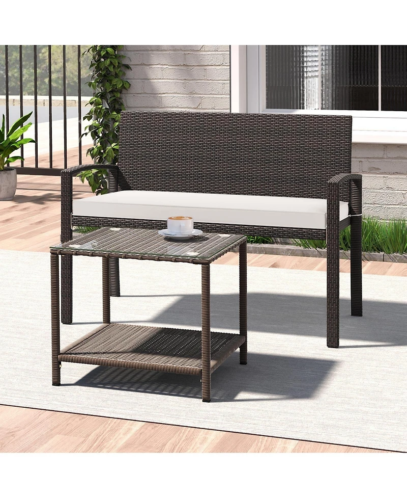Wicker 2-Seat Bench with Soft Seat Cushion and Metal Frame