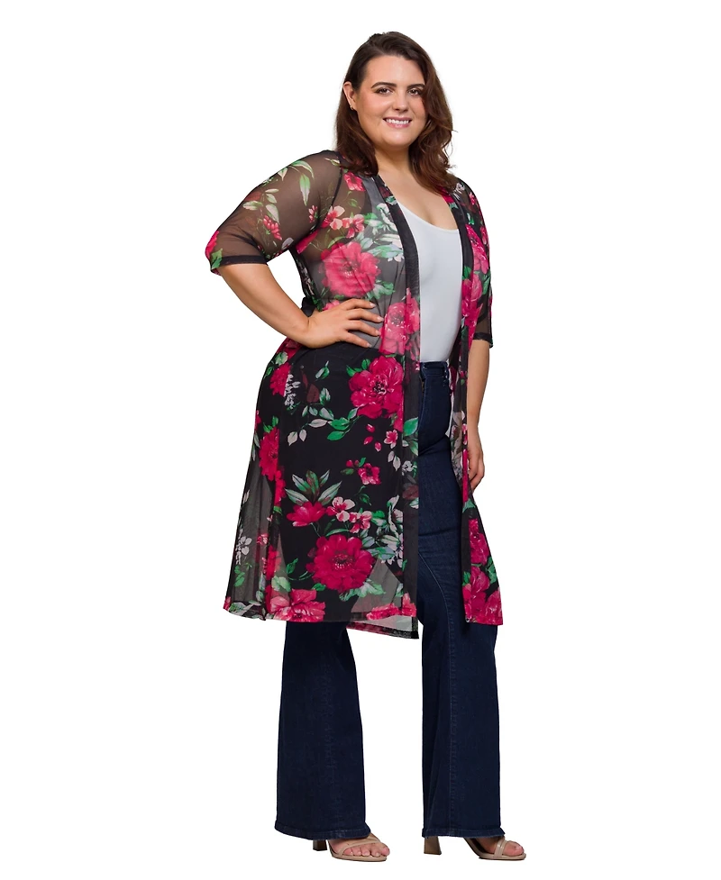24seven Comfort Apparel Plus Sheer Floral Knee Length Duster Cardigan Sweater