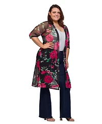 24seven Comfort Apparel Plus Sheer Floral Knee Length Duster Cardigan Sweater