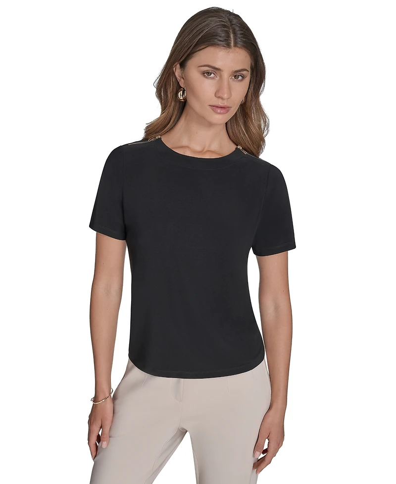 Halston Women's Jersey Zipper-Shoulder Short-Sleeve Top