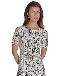 Halston Women's Printed Zipper-Shoulder Crewneck Top