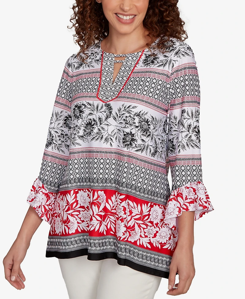 Ruby Rd. Petite Tropical Motif Stripe Puff Print Knit Top