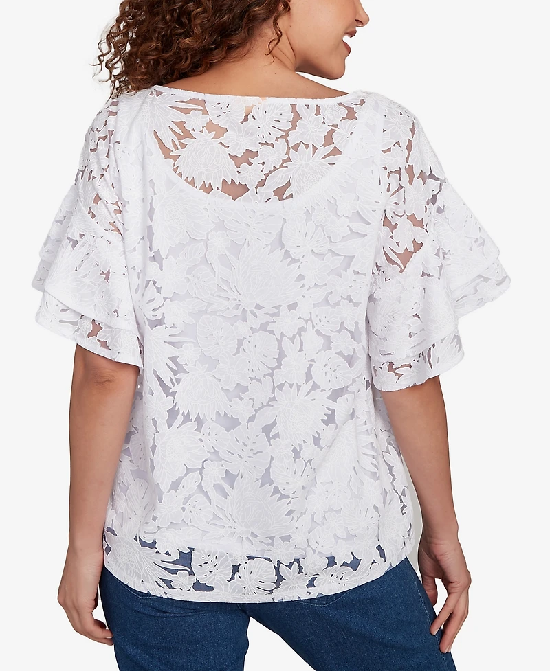 Ruby Rd. Petite Tropical Puff Print Lined Burnout T Shirt