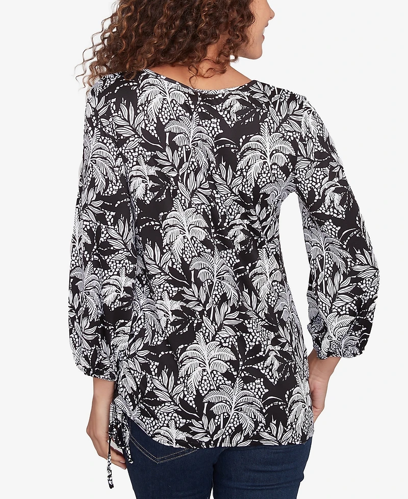 Ruby Rd. Petite Monotone Palms Puff Print Side Tie Top