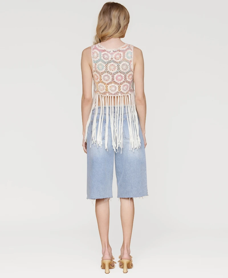 Avec Les Filles Women's Crochet Fringe-Hem Crop Top