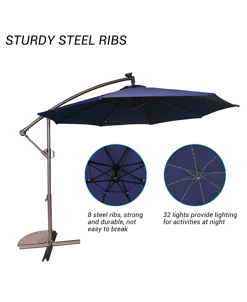 10 Ft Cantilever Patio Umbrella with Lights Offset Crank Large Outdoor Pool for Backyard Garden Deck Without Bas