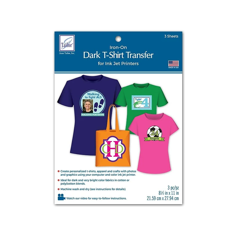June Tailor JT855 8-1/2-Inch by 11-Inch Dark T-Shirt Inkjet Transfers, 3-Pack