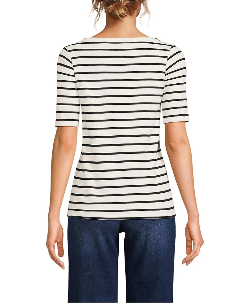 Lands' End Women's Tall Supima Cotton Elbow Sleeve Boatneck Button Shoulder Tee