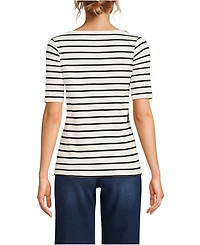 Lands' End Women's Tall Supima Cotton Elbow Sleeve Boatneck Button Shoulder Tee