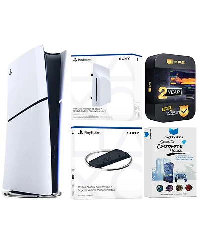 Sony PlayStation 5 Slim Digital Bundle with Disc Drive, Vertical Stand, MightySkins Voucher, and 2 Year Extended Warranty