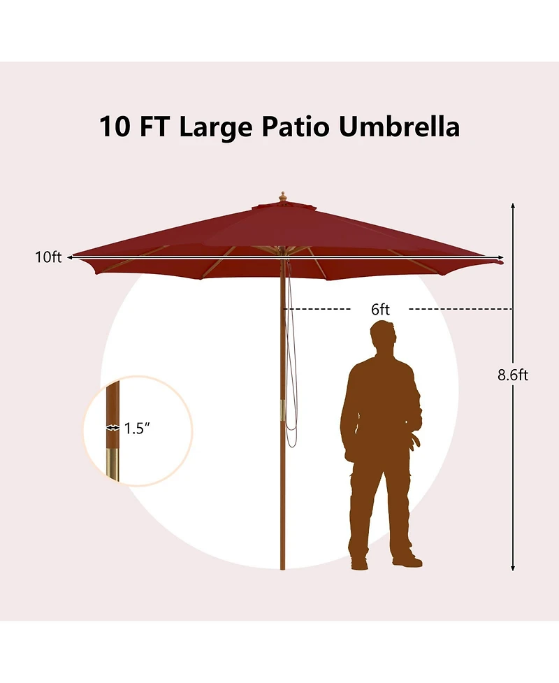 Patio Umbrella with 8 Wooden Ribs and 3 Adjustable Heights