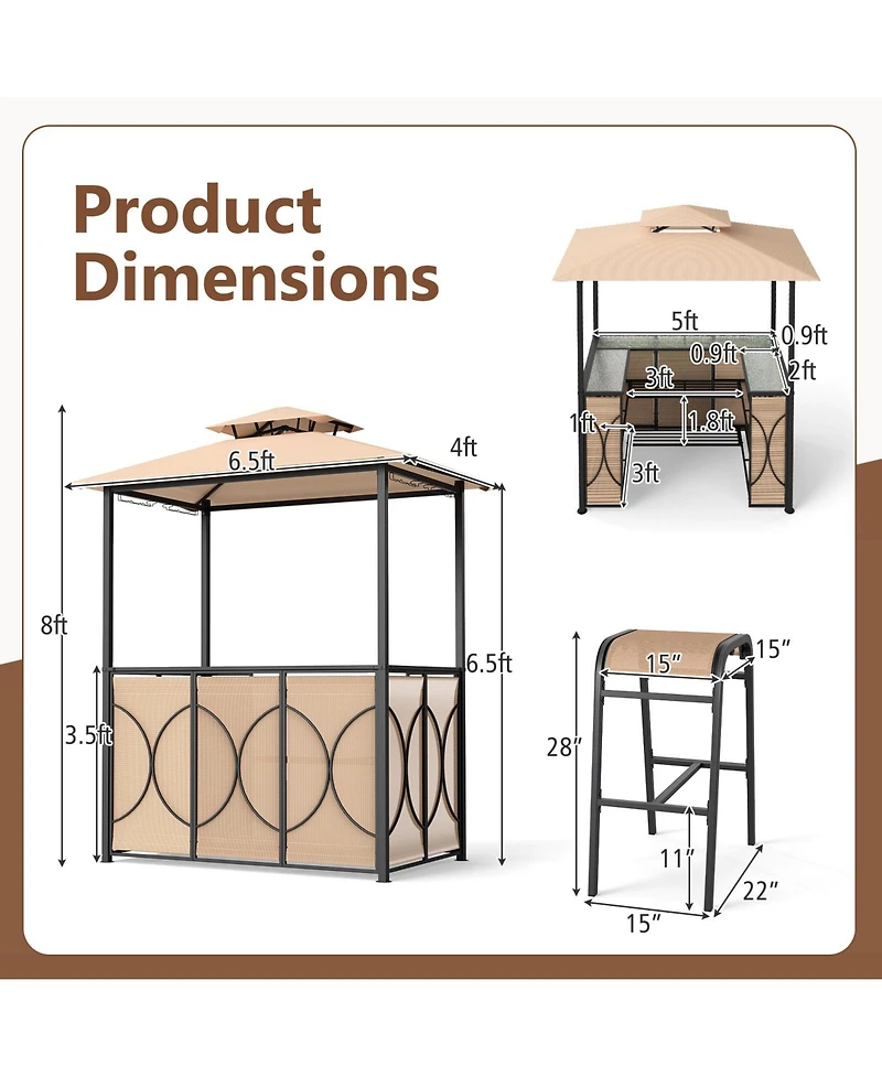 Grill Gazebo Set with Bar Table and 2 Stools for Outdoor Cooking Entertaining