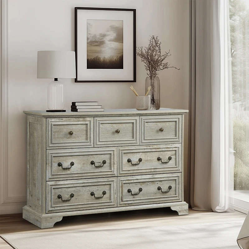 Farmhouse 7 Drawers Dresser Bathroom Cabinet for Rustic Chest of with Natural Texture Vintage Design Storage Organizer