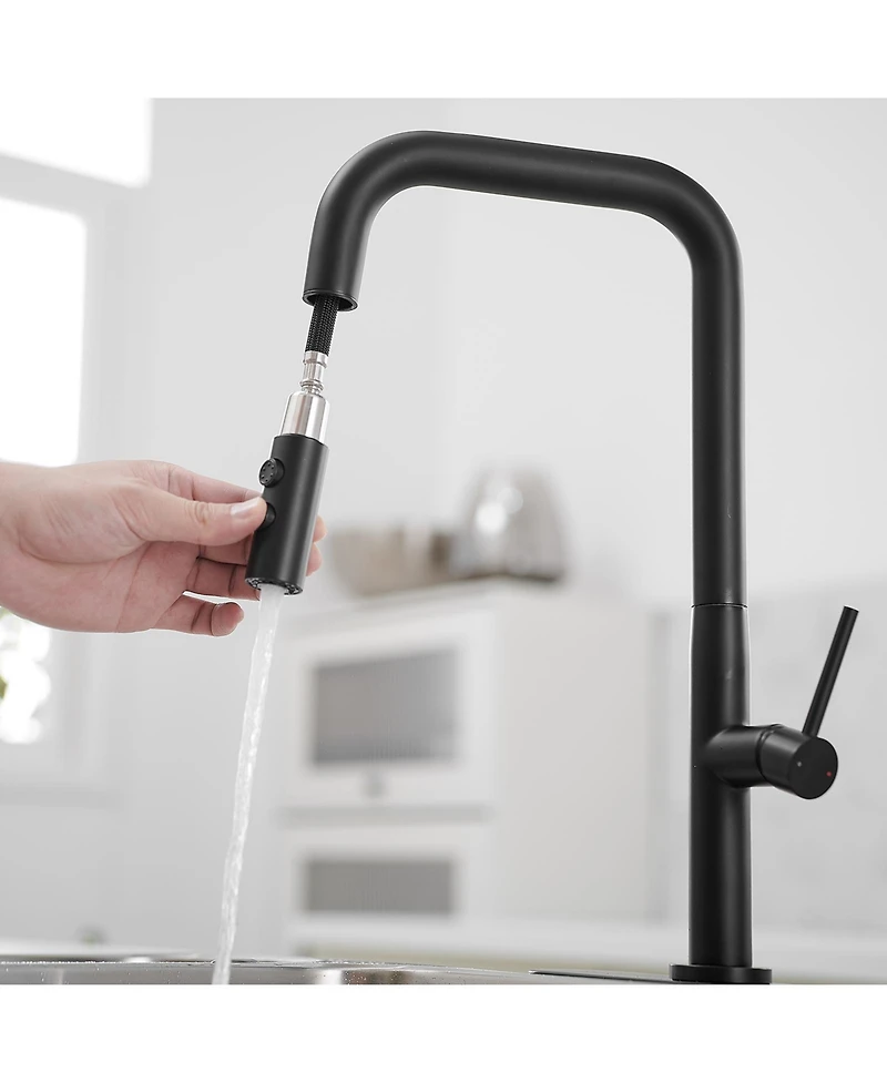 Single Handle Pull-Down Sprayer 1 Spray High Arc Kitchen Faucet With Deck Plate in Matte Black