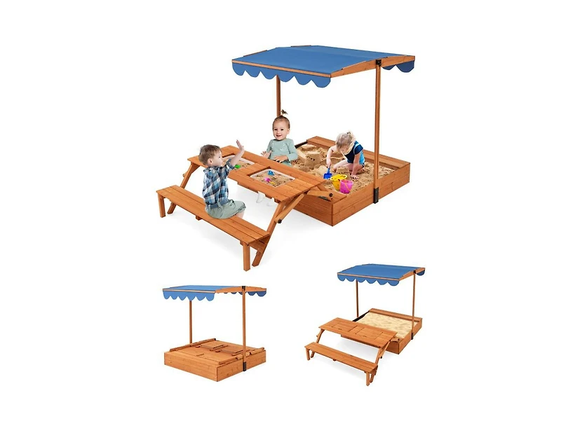 Slickblue Kids Wooden Sand Box with Foldable Picnic Sensory Table and Bench