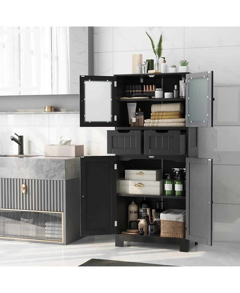 4 Door Freestanding Bathroom Floor Storage Cabinet with 2 Drawers and Glass Doors