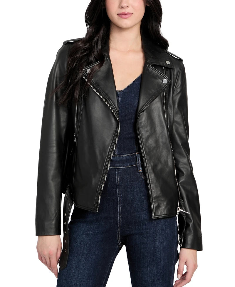 Guess Women's Asymmetric Belted Leather Moto Jacket