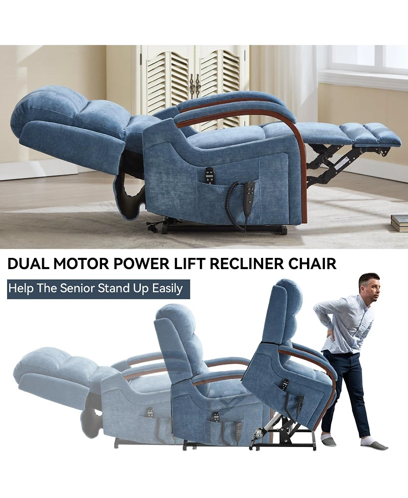 Power Chenille Lift Recliner Chair Dual Motor Infinite Position Up to 350 Lbs with Solid Wood Armrests, Heat Massage and Heavy Duty Motion Mechanism