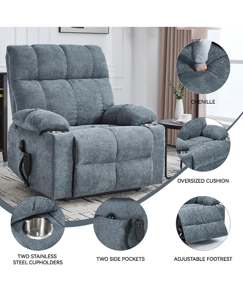 Dual Motor Infinite Position Up to 350 Lbs Chenille Power Lift Recliner Chair with 8-Point Vibration Massage and Lumbar Heating Cup Holders