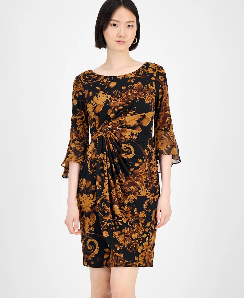 Connected Petite Printed Side-Tab Ruffled-Cuff Dress