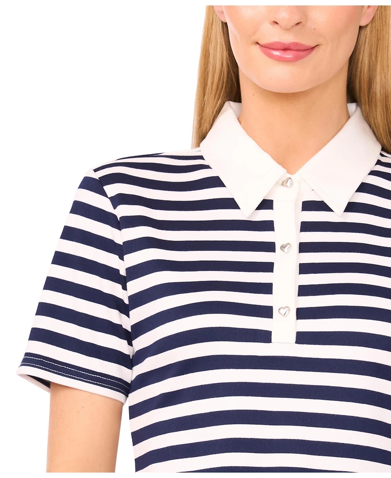 CeCe Women's Short Sleeve Striped Polo Top