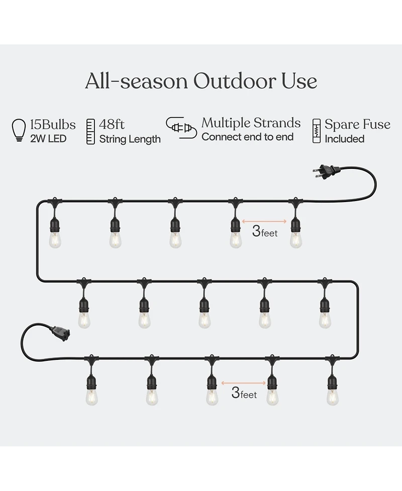 Ambience Pro 48 ft. Indoor/Outdoor Led Weatherproof 2-Watt String Lights with Warm White Hue