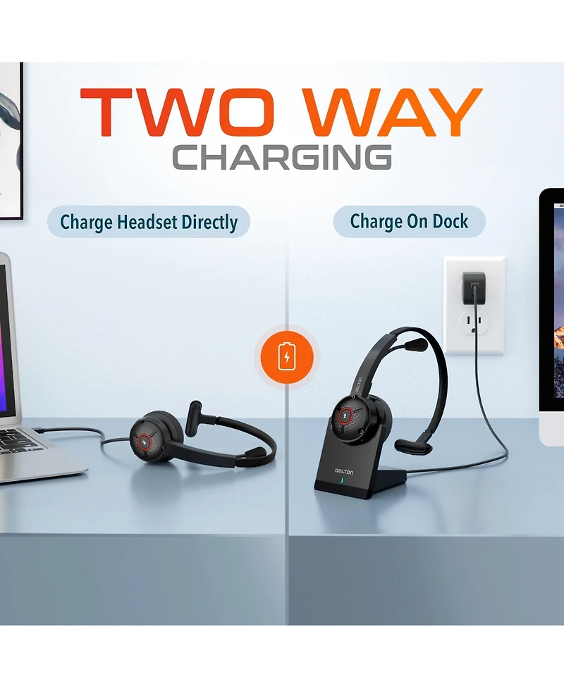 Delton 50X Noise Canceling Bluetooth Computer Headset with Charging Dock, Wireless headset for Laptop/Pc/iMac/Tablet/Smartphones, Compatible with Ms T