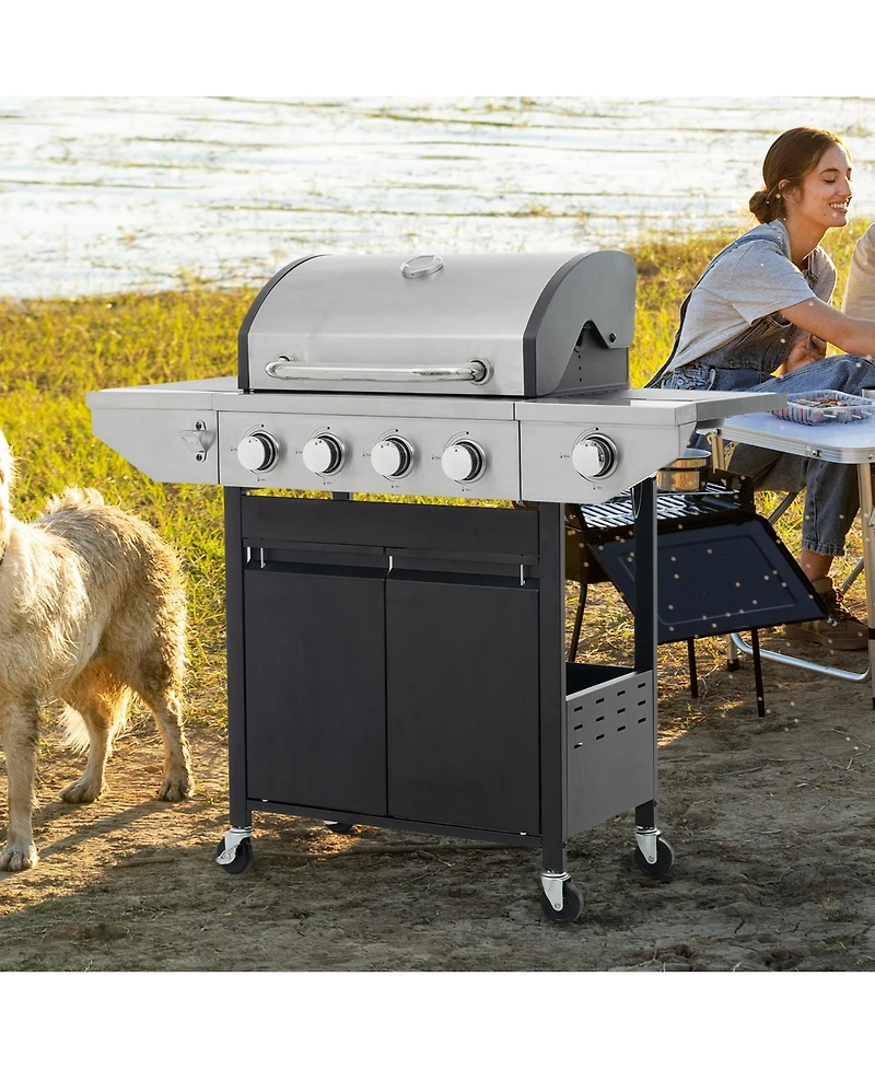 Mondawe Stainless Steel 5-Burner 46,500 Btu Propane Gas Grill with Side Shelves, 4 Wheels