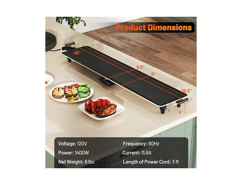 Slickblue Extra Large Electric Griddle with 2 Cooking Surface and Adjustable Temperatures