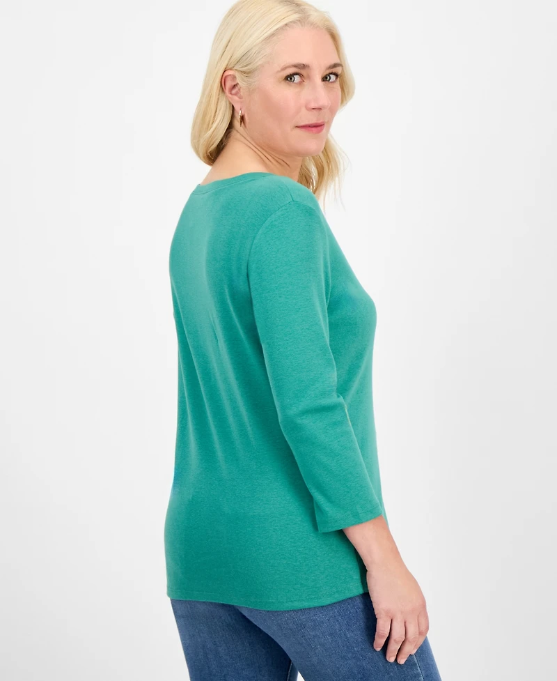 Style & Co Women's Cotton 3/4-Sleeve Henley Tee, Created for Macy's