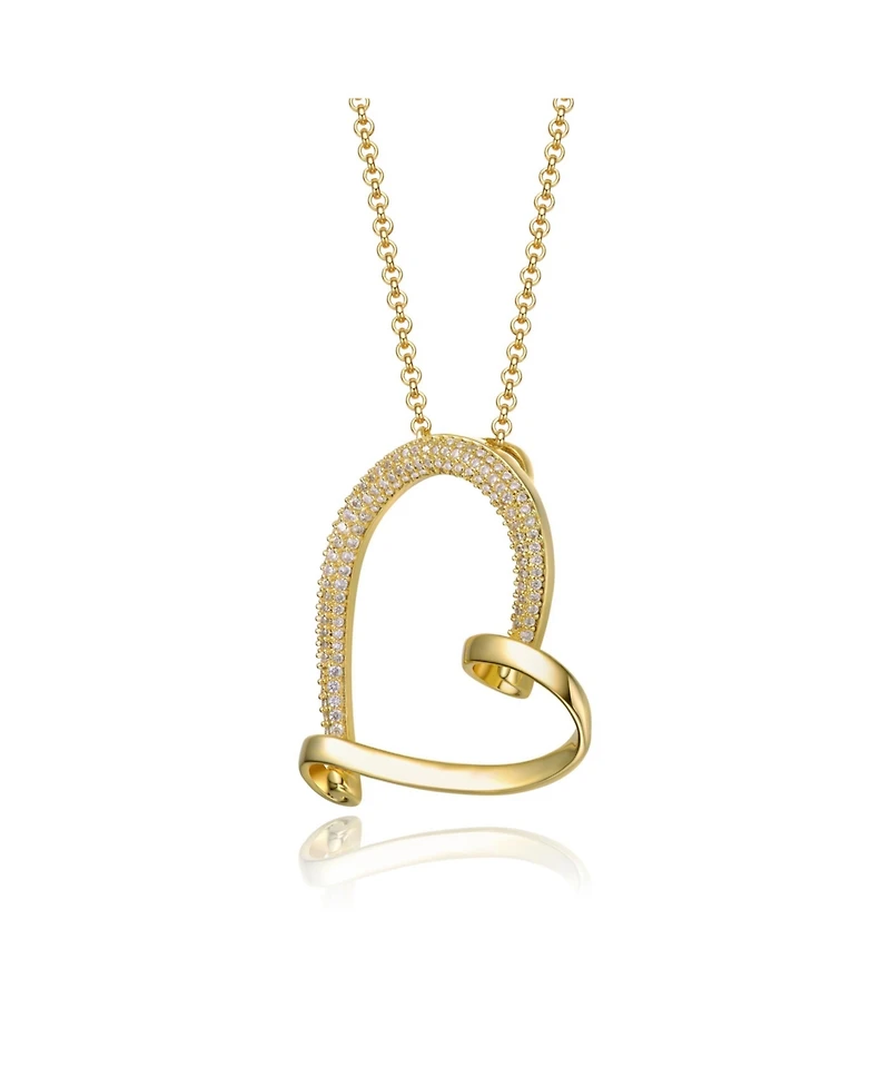 14k Yellow Gold Plated with Cubic Zirconia Open Ribbon Heart Asymmetrical Pendant Necklace