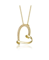 14k Yellow Gold Plated with Cubic Zirconia Open Ribbon Heart Asymmetrical Pendant Necklace