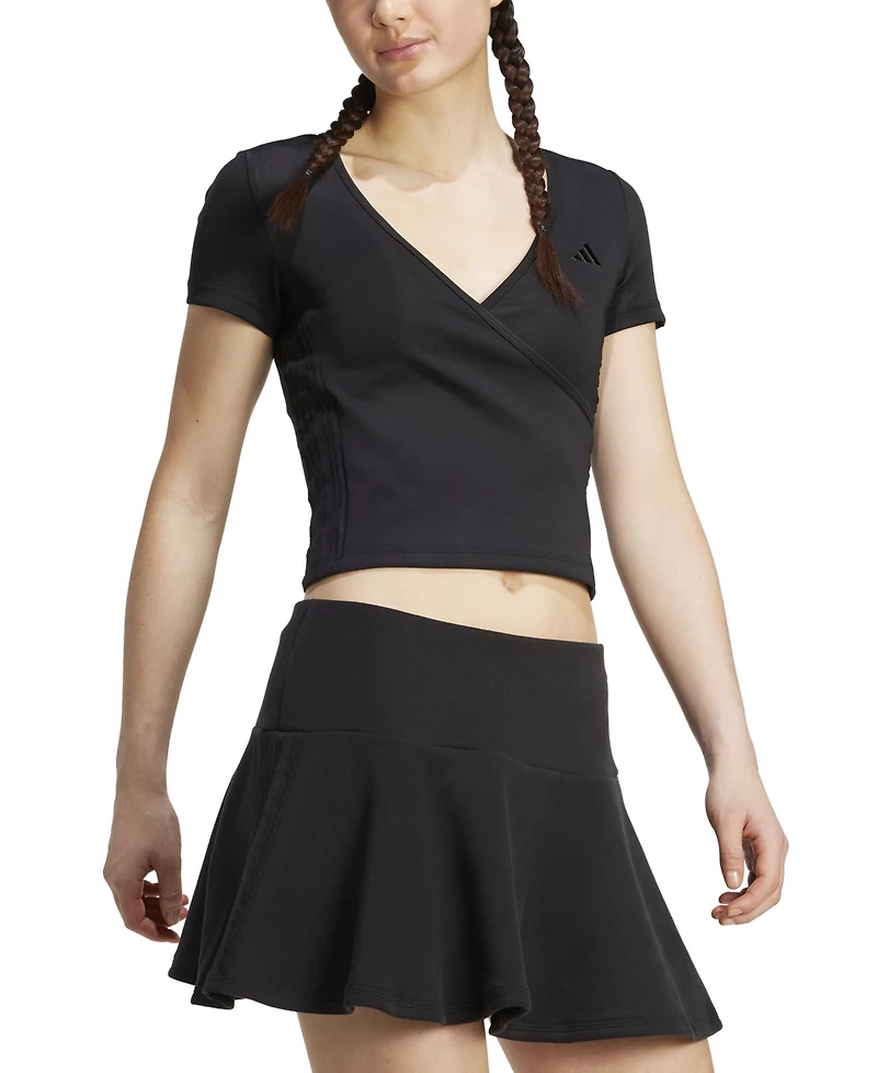 adidas Women's Surplice-Neck Three-Stripes Short-Sleeve T-Shirt