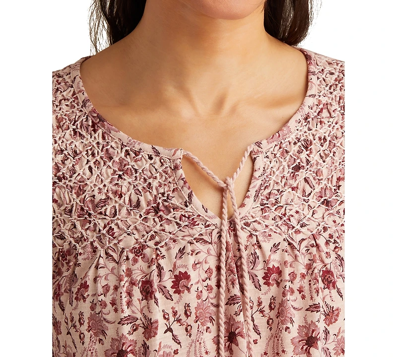 Lucky Brand Women's Floral Smocked Tassel-Tie Top