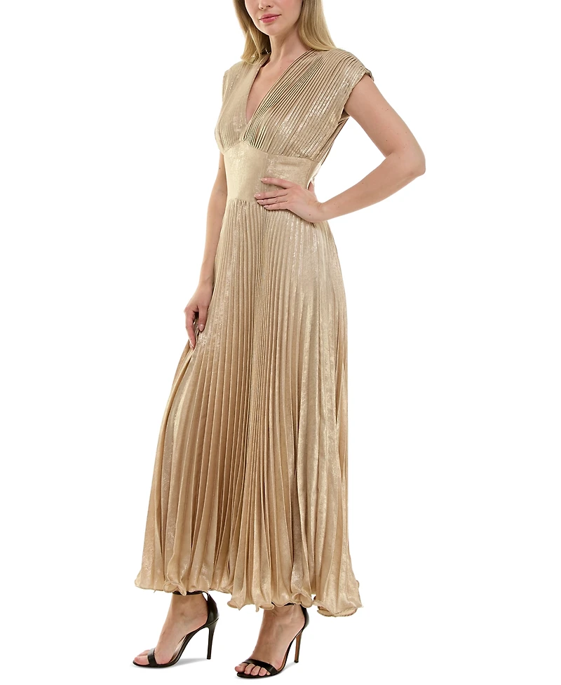 Taylor Women's Metallic V-Neck Cap-Sleeve Pleated Gown