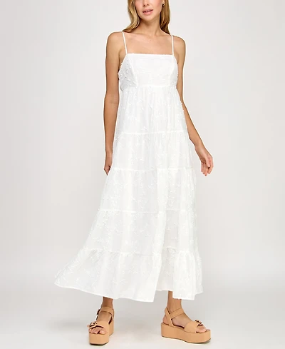 Crystal Doll Juniors' Woven Tie-Back Tiered Maxi Dress
