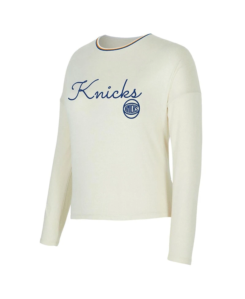 Concepts Sport Women's 2-Piece Cream New York Knicks Kaki Hacci Knit Long Sleeve T-Shirt and Shorts Set