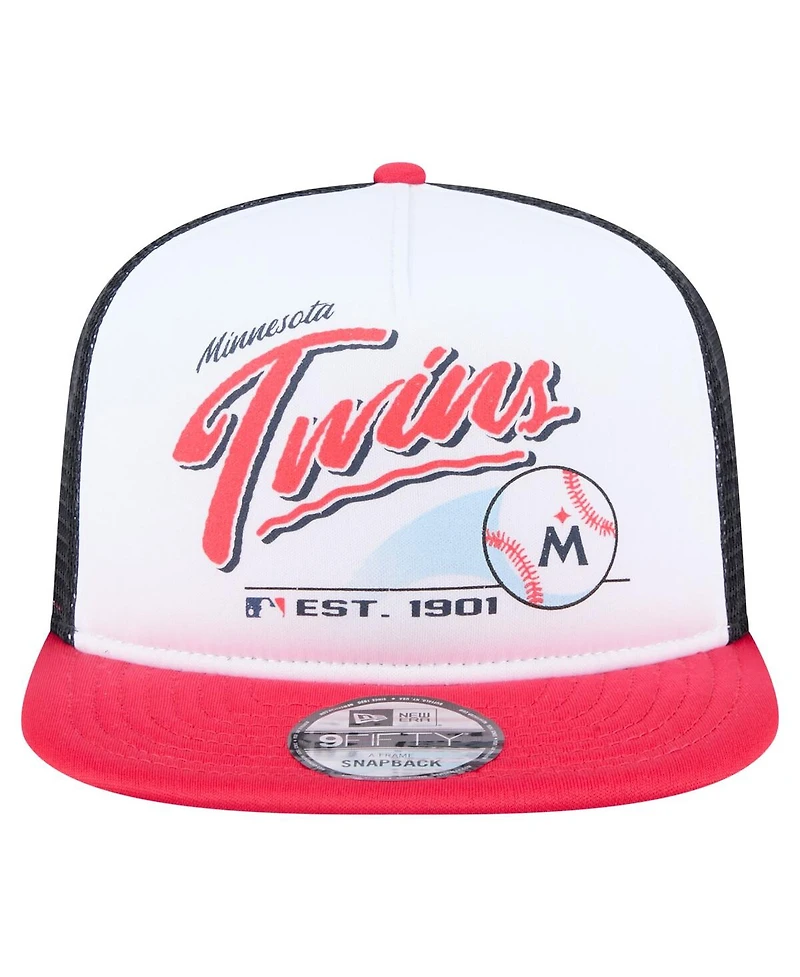 New Era Men's White/Red Minnesota Twins Retro Script Trucker 9FIFTY Snapback Hat