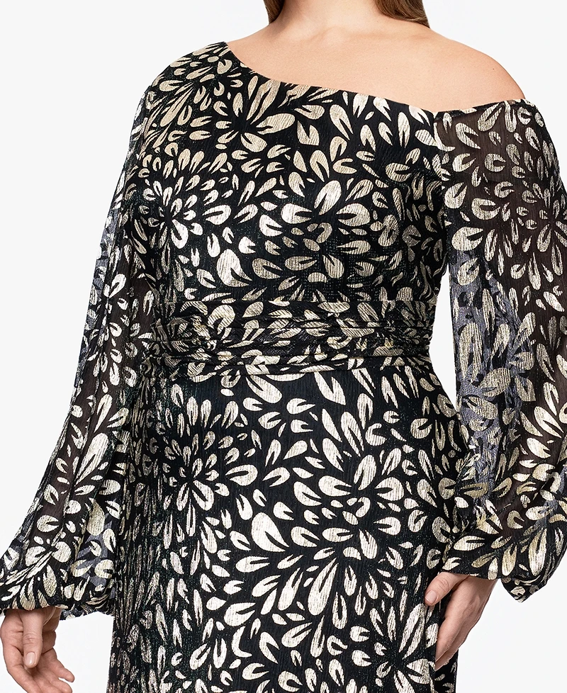 B&A By Betsy and Adam Plus Metallic Printed Long A-Line Dress