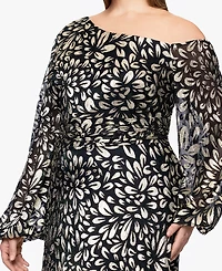 B&A By Betsy and Adam Plus Metallic Printed Long A-Line Dress