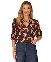 Democracy Petite Printed Split-Neck Ruched-Sleeve Top