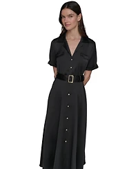 Karl Lagerfeld Paris Women's Belted Satin Shirtdress With Collared Neck