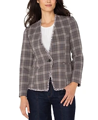 Liverpool Los Angeles Petite Frayed-Trim Plaid Blazer