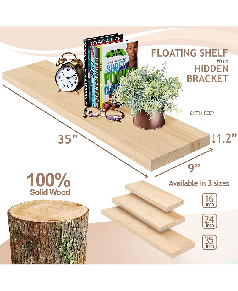 Sorbus 2 Pack 35" Solid Wood Floating Shelves - for Bathroom Decor, Books, Bedroom & Living Room