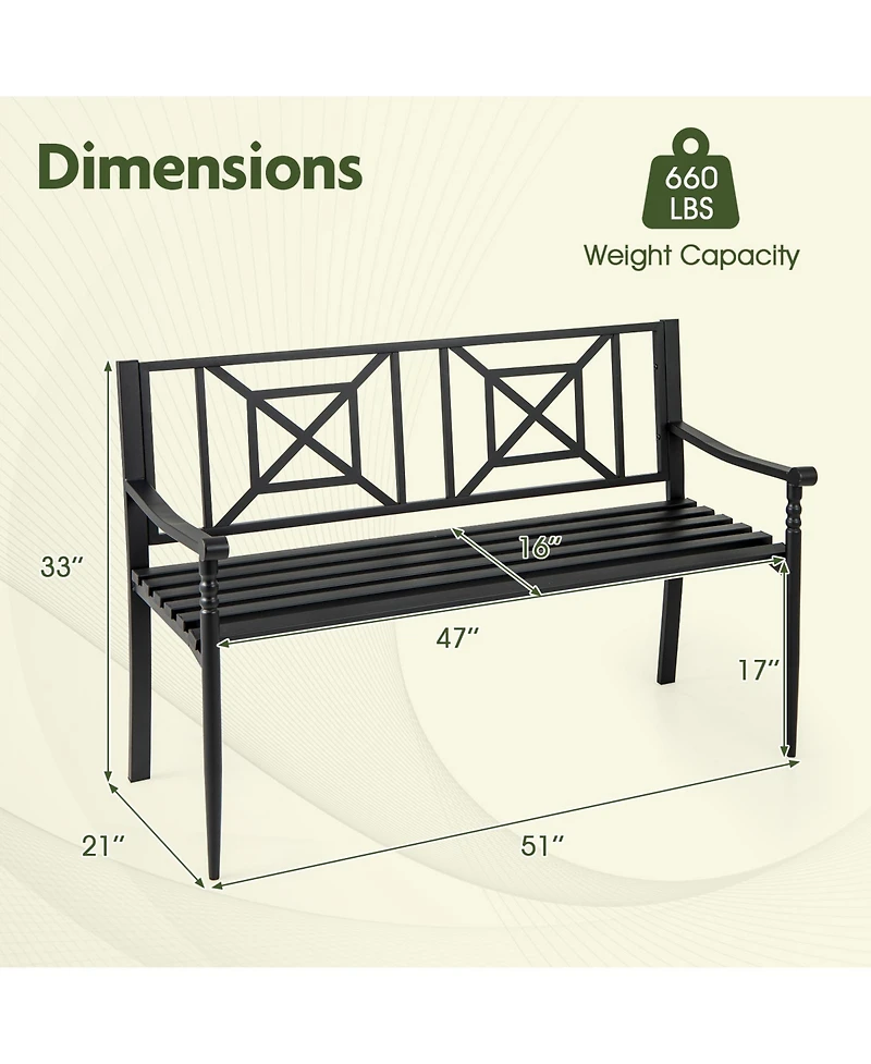 Gymax 51'' Metal Bench Slatted Garden Bench for 2-3 People Patio Park-Style Loveseat